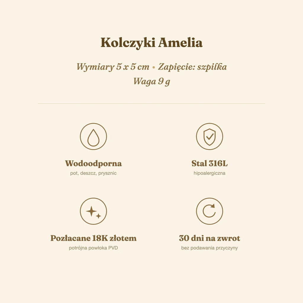 Kolczyki Amelia — biżuteria ze stali chirurgicznej 316L w powłoce PVD 18K, zdjęcie 8