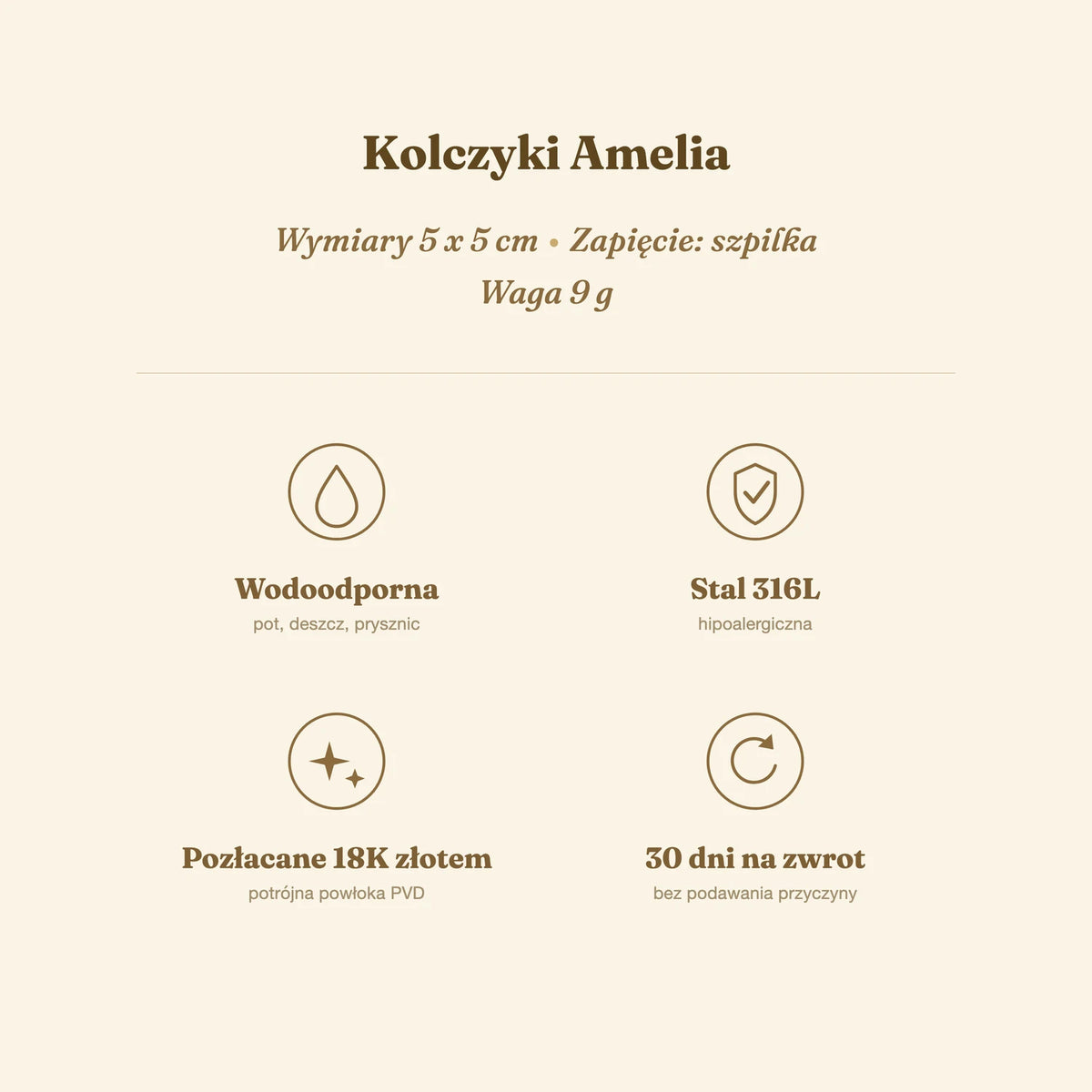Kolczyki Amelia — biżuteria ze stali chirurgicznej 316L w powłoce PVD 18K, zdjęcie 8