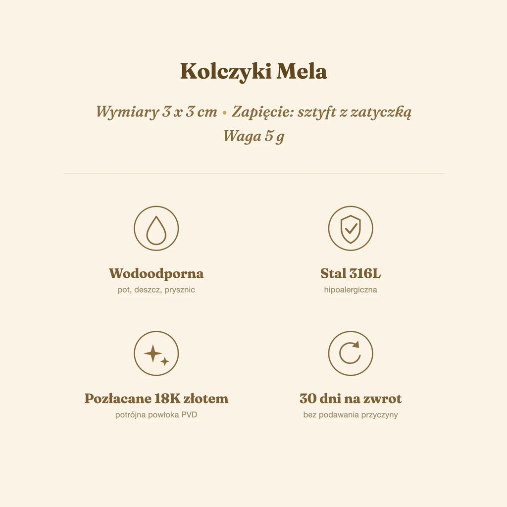 Kolczyki Mela — biżuteria ze stali chirurgicznej 316L w powłoce PVD 18K, zdjęcie 8