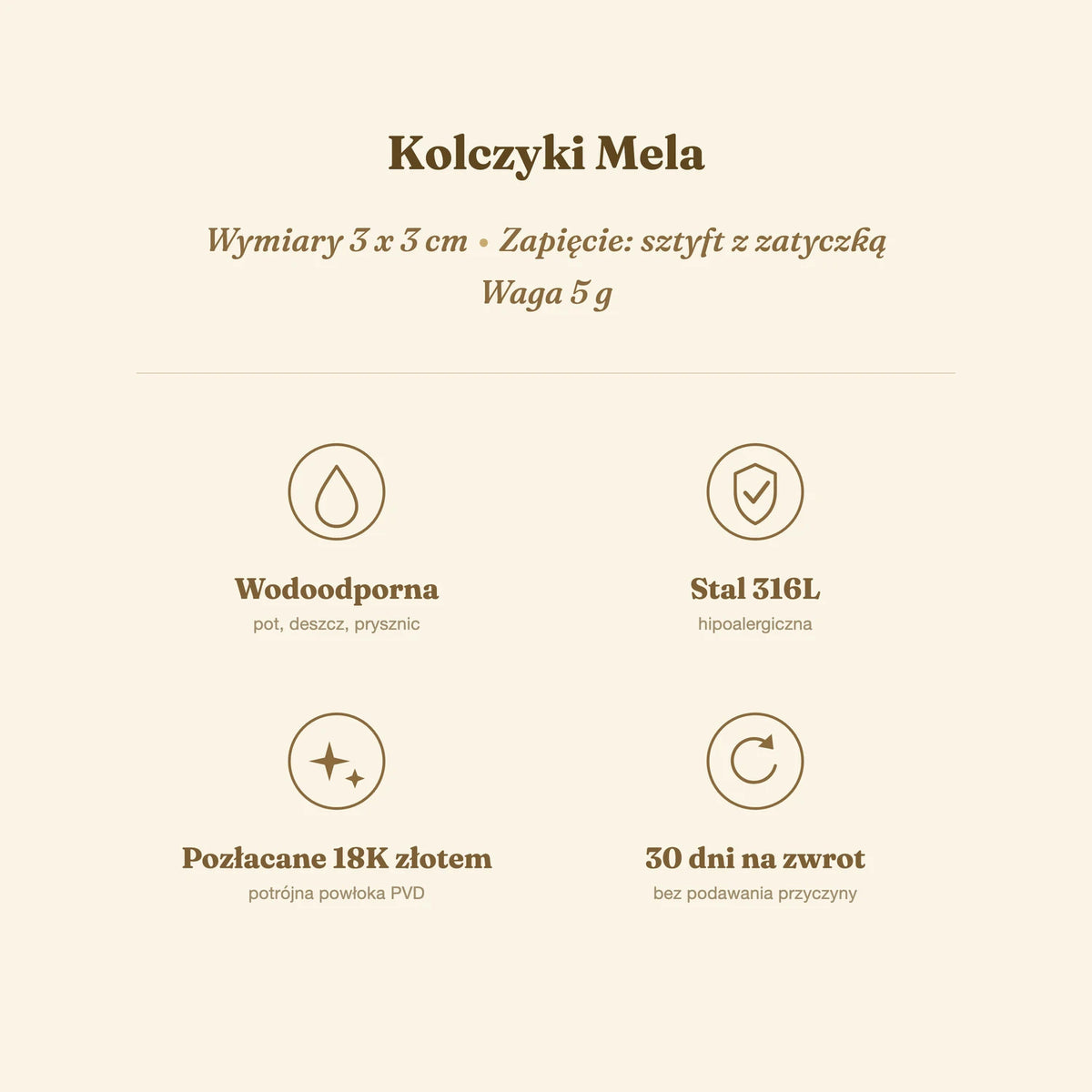 Kolczyki Mela — biżuteria ze stali chirurgicznej 316L w powłoce PVD 18K, zdjęcie 8