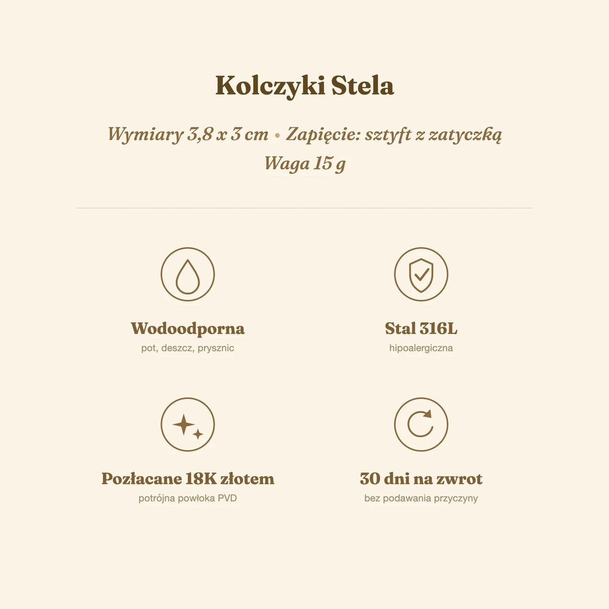 Kolczyki Stela — biżuteria ze stali chirurgicznej 316L w powłoce PVD 18K, zdjęcie 6